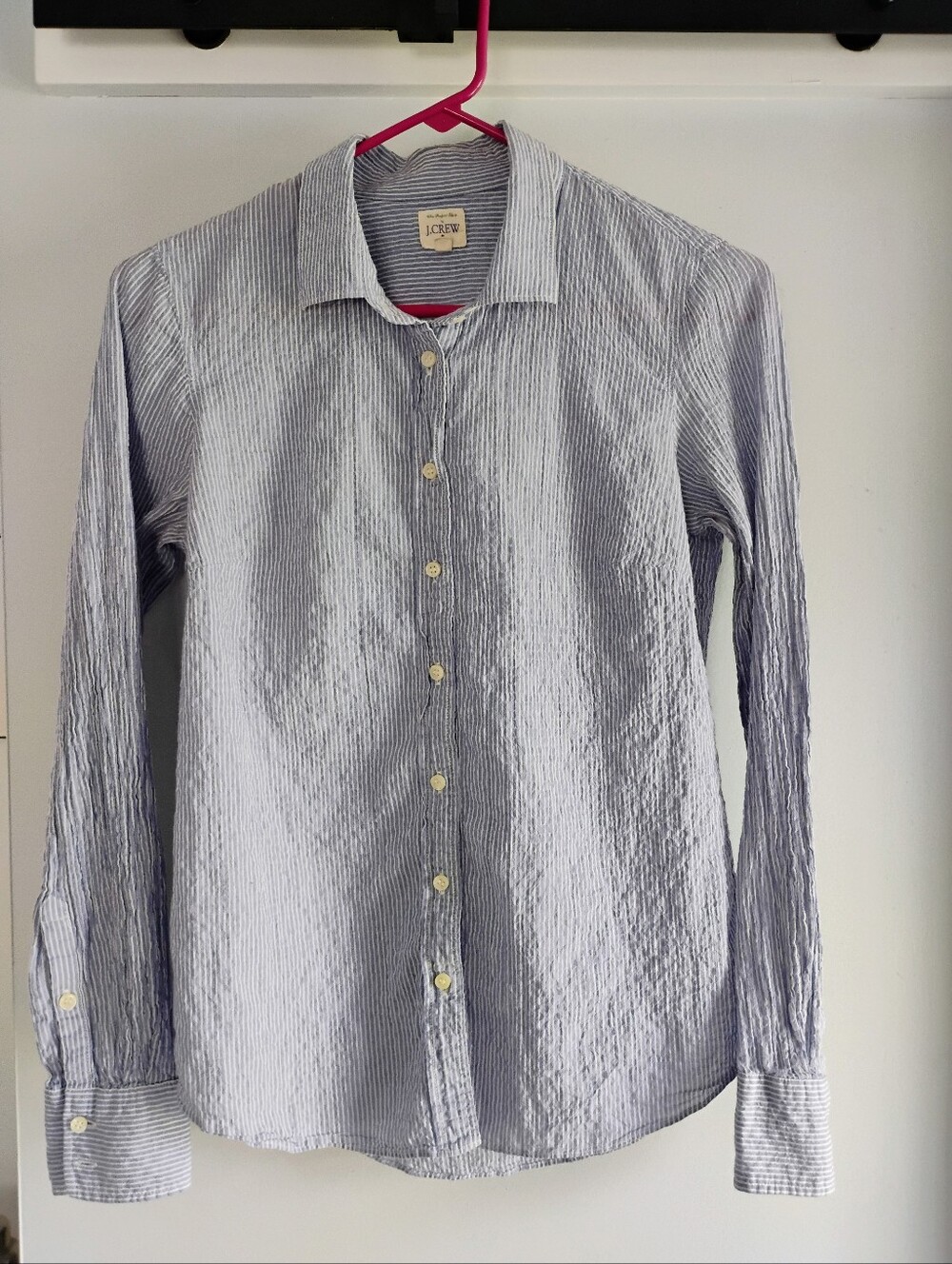 J. Crew Light Blue and White Striped Seersucker Button-Down Shirt